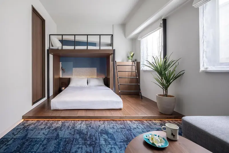 Une chambre avec un lit superposé et une plante verte près d'une fenêtre.