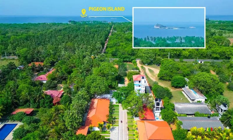 Vue aérienne d'un complexe hôtelier tropical avec végétation luxuriante et accès à la mer.