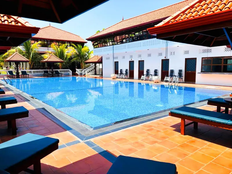 Une piscine rectangulaire bordée de chaises longues et de palmiers.