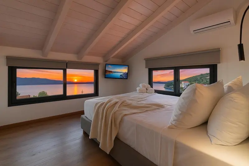 Une chambre lumineuse avec un grand lit face à une vue sur la mer au coucher du soleil.