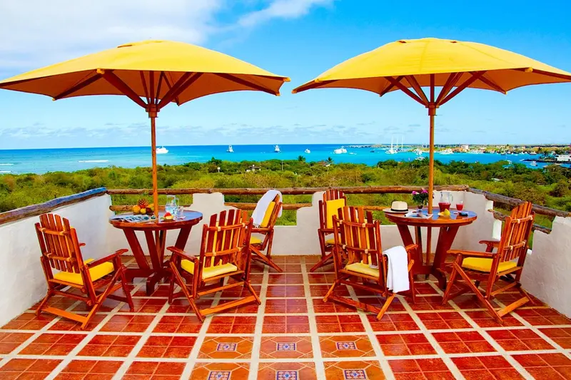 Terrasse avec tables et chaises donnant sur la mer et un port.