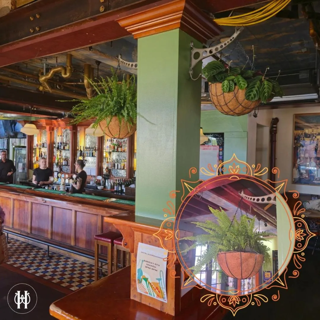 Un bar avec un comptoir en bois et des tabourets, décoré de plantes suspendues et d'un grand miroir rond.