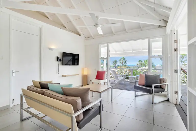 Un salon lumineux s'ouvre sur une terrasse avec vue sur la végétation et la mer.