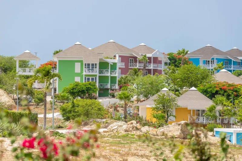 Bâtiments colorés avec toits en pente et végétation tropicale.