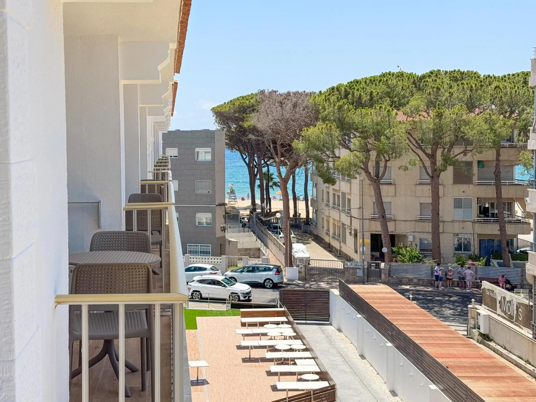 Vue d'une terrasse avec des transats donnant sur une promenade bordée de pins et une plage.
