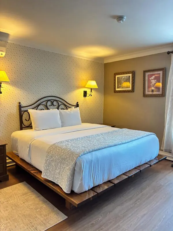 Une chambre lumineuse avec un lit double et des tableaux décoratifs.