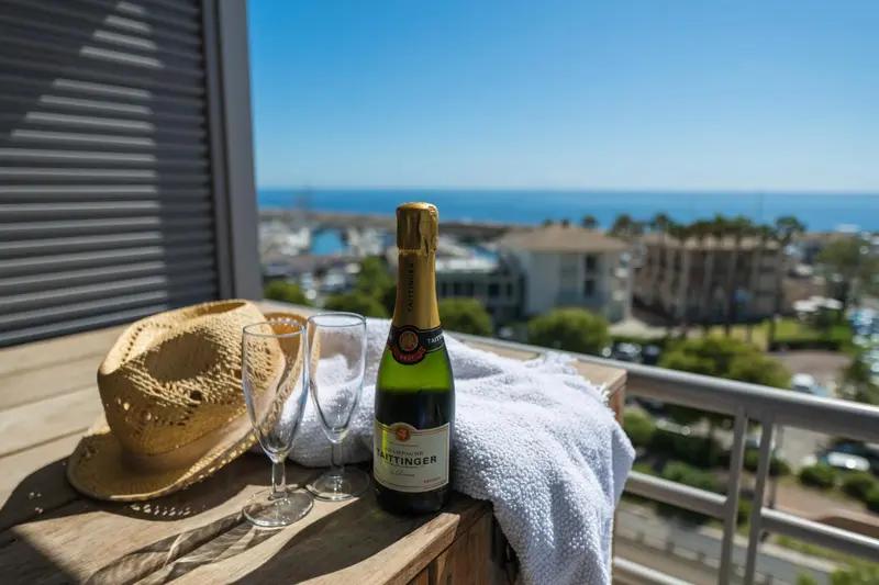 Une bouteille de champagne et des verres sur une terrasse ensoleillée avec vue sur la mer.