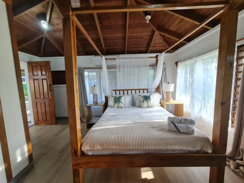 Une chambre lumineuse avec un lit à baldaquin et une décoration tropicale.