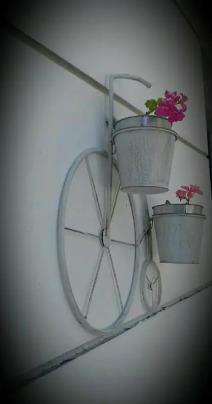 Une décoration murale en forme de bicyclette porte des pots de fleurs.