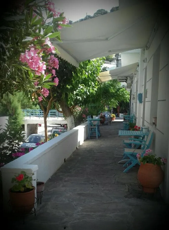 Terrasse ombragée avec des tables et des chaises bleues, agrémentée de plantes en pots.
