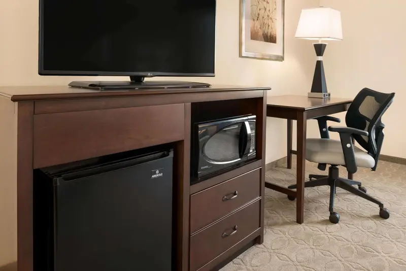 Une chambre d'hôtel avec un bureau, un réfrigérateur et un micro-ondes.
