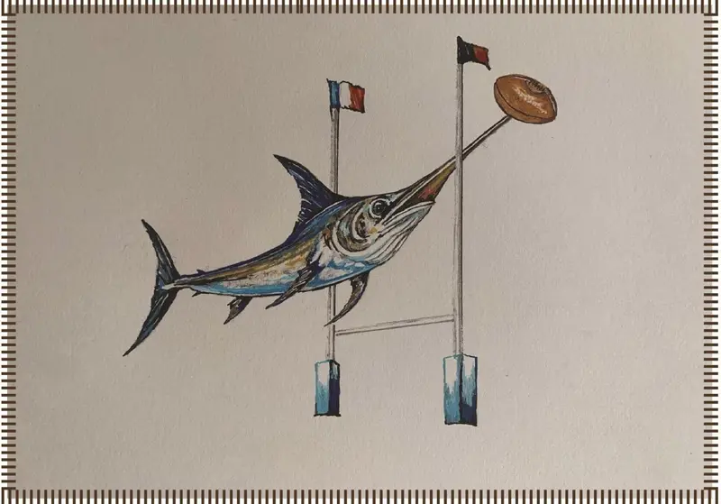 Illustration d'un marlin nageant entre des poteaux de rugby avec des drapeaux.