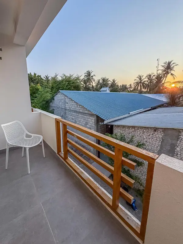 Une terrasse avec une vue sur la végétation et un toit en tôle.