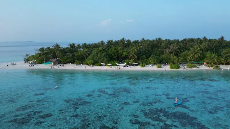 Vue aérienne d'une île tropicale avec une plage de sable blanc et une végétation luxuriante.