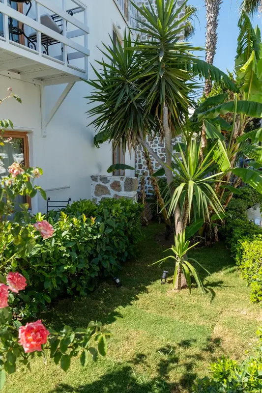Jardin verdoyant devant un bâtiment blanc orné de fleurs roses.