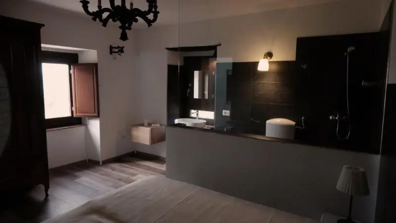 Une chambre lumineuse avec un espace salle de bain ouvert.