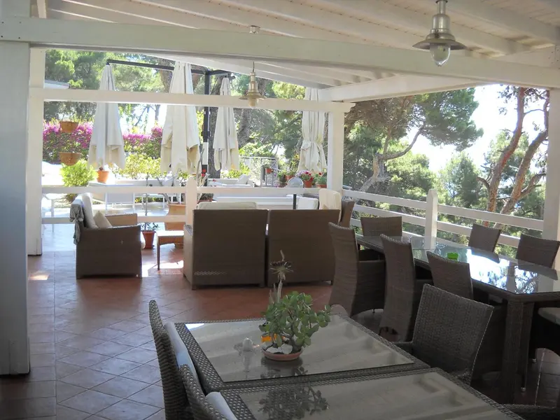 Espace de détente extérieur avec mobilier et plantes.