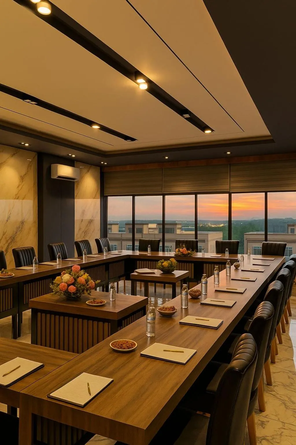 Une longue table de réunion est disposée dans une salle lumineuse avec une vue sur le coucher de soleil.