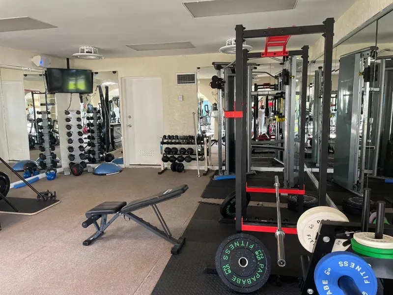 Une salle de sport lumineuse avec des équipements de musculation et des miroirs.