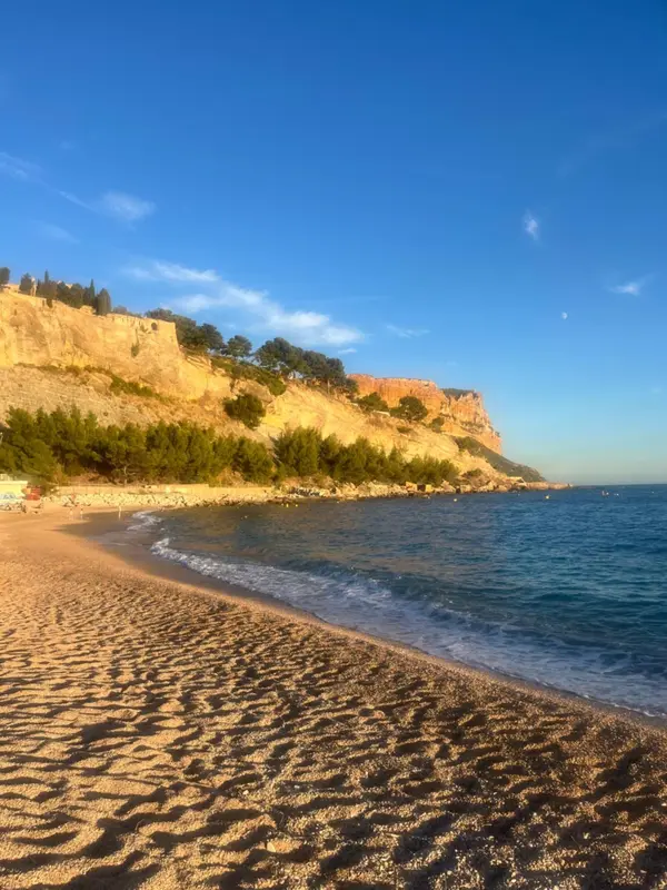 Une plage de sable fin borde une côte rocheuse sous un ciel bleu.