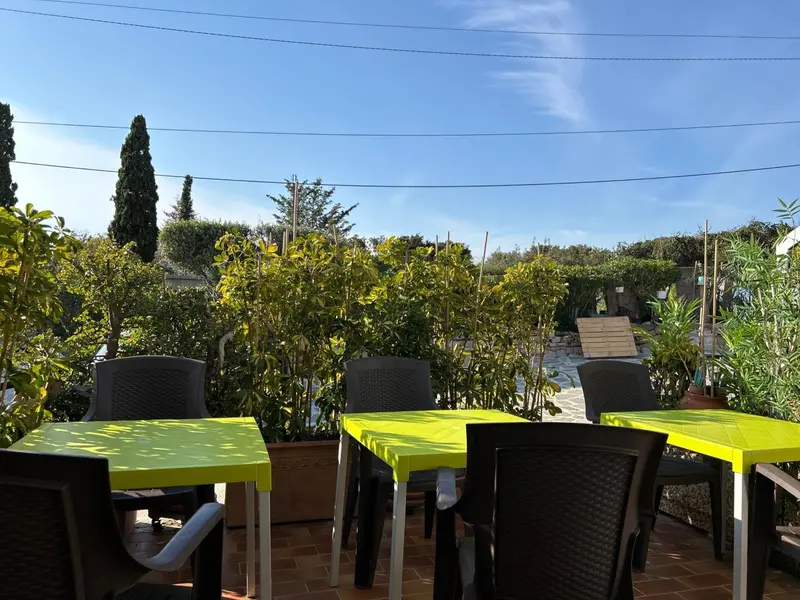 Tables et chaises vertes sur une terrasse ensoleillée avec végétation.