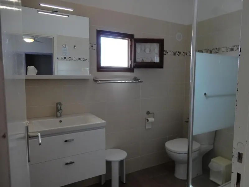 Une salle de bain claire avec douche et toilettes.