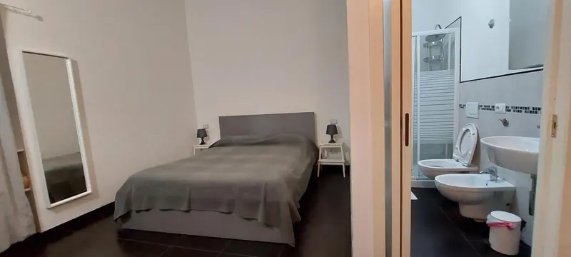 Une chambre avec un lit et un accès à une salle de bain attenante.