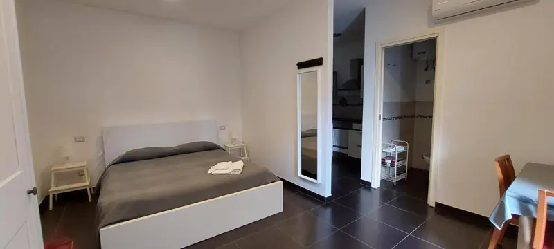 Une chambre avec un grand lit et un accès à une cuisine.