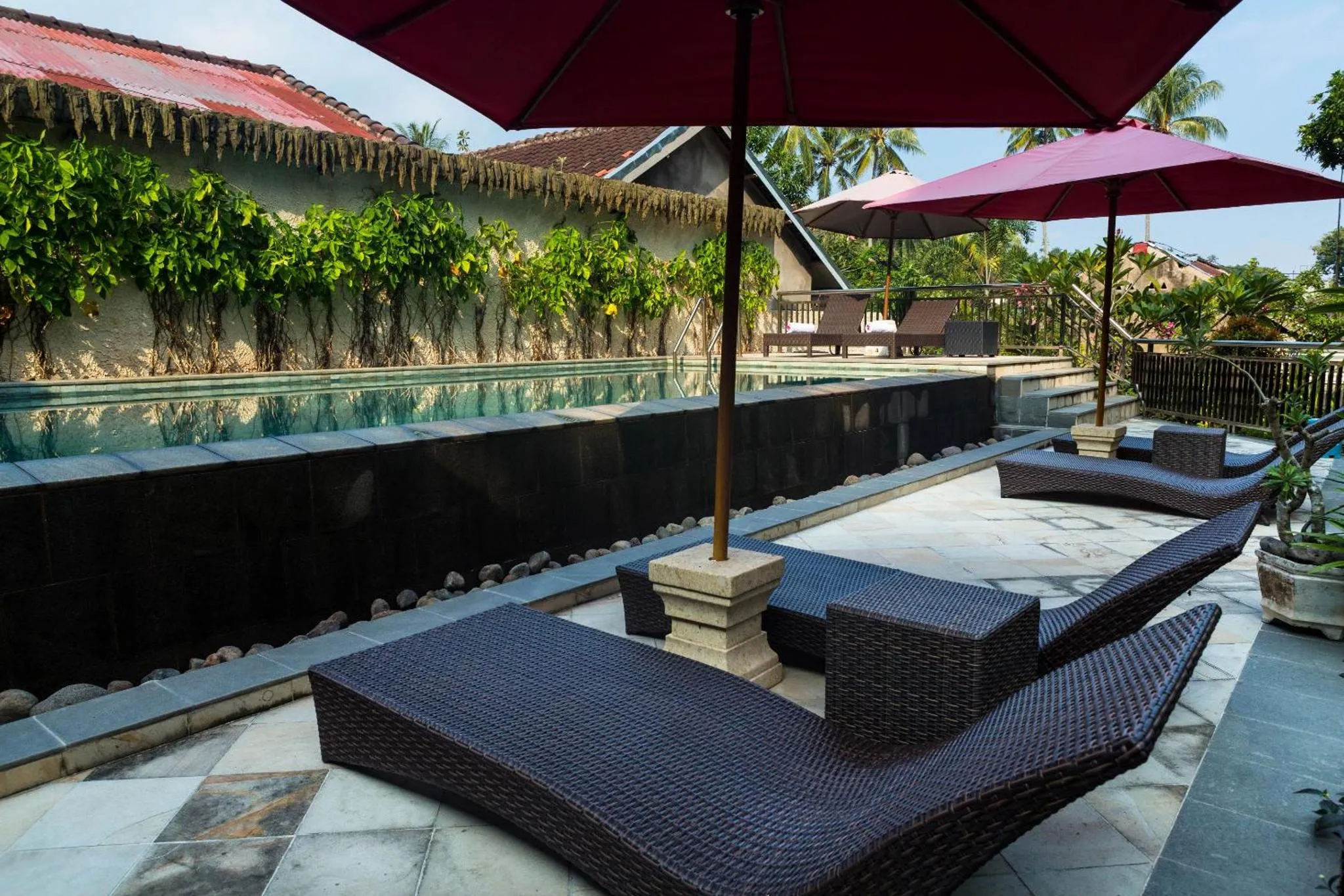 Transats et parasols bordent une piscine rectangulaire.