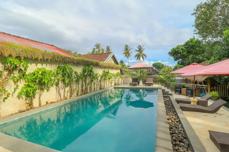 Une piscine rectangulaire bordée de chaises longues et de végétation tropicale.