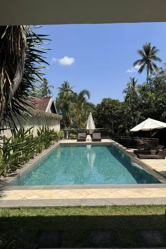 Une piscine rectangulaire bordée de chaises longues et de végétation tropicale sous un ciel bleu.
