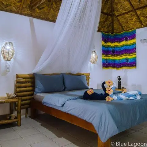 Un lit recouvert d'une moustiquaire dans une chambre décorée de manière exotique.