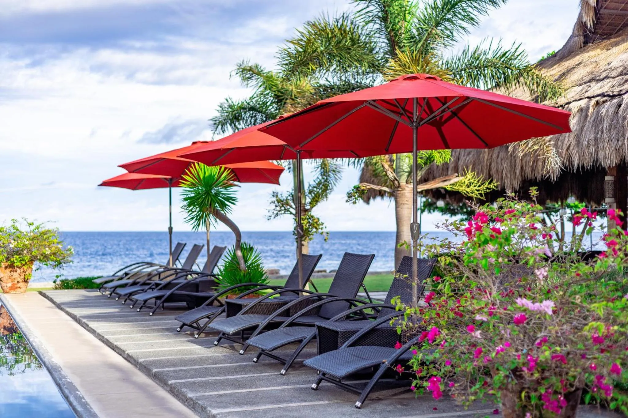 Transats rouges sous des parasols sur une terrasse en bord de mer.