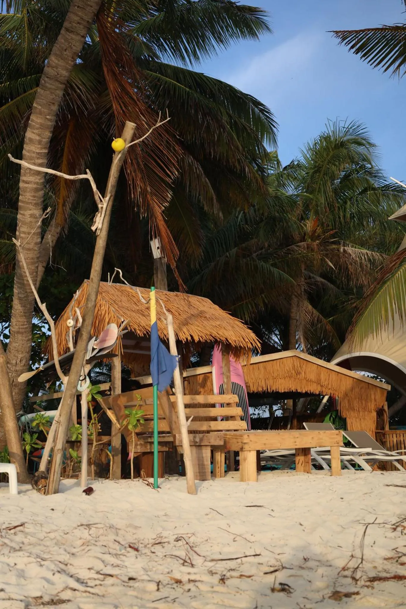 Cabane de plage ombragée par des palmiers sur une plage de sable blanc.