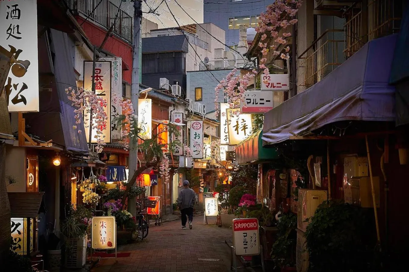 Ruelle étroite bordée de commerces illuminés et décorée de fleurs.