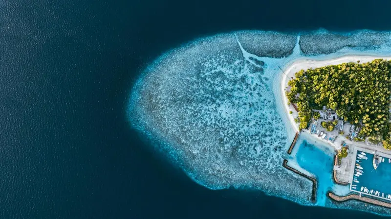 Vue aérienne d'une île tropicale bordée de plages et de végétation luxuriante.
