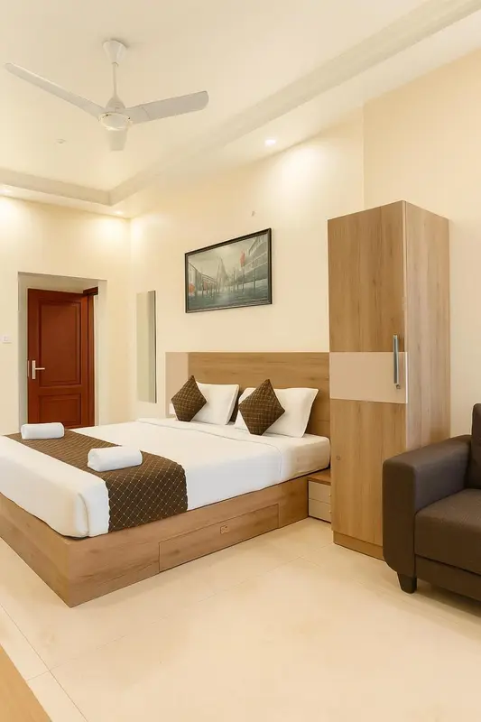 Une chambre lumineuse avec un grand lit et un coin salon.