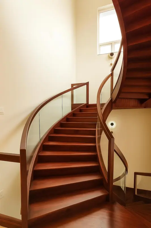Escalier en bois courbé dans un intérieur clair.
