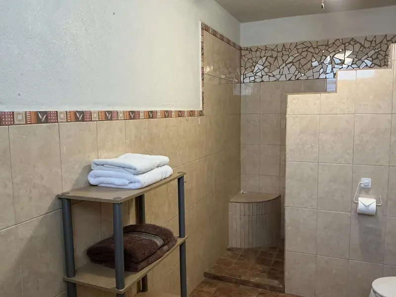 Une salle de bain carrelée avec une étagère de serviettes et un siège.
