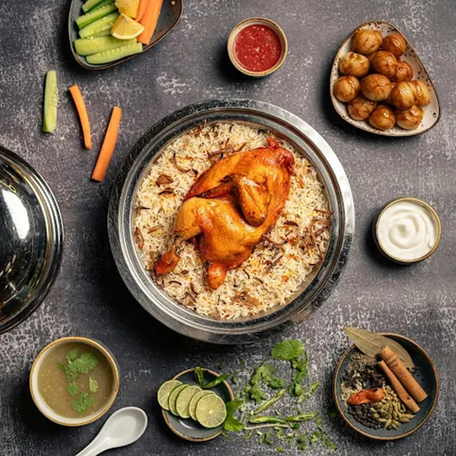 Un plat de poulet rôti servi avec du riz et des accompagnements colorés.