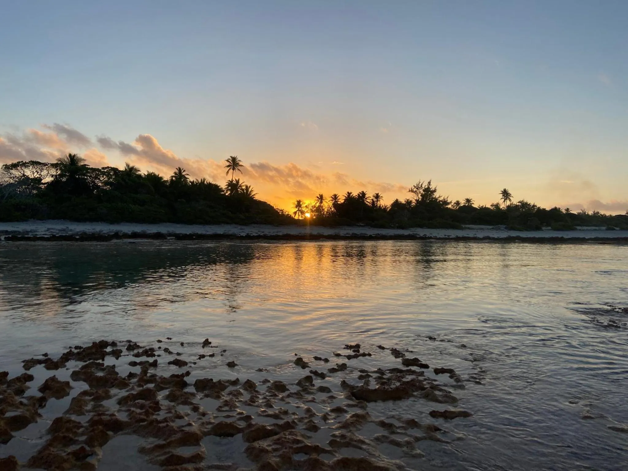 Coucher de soleil sur une eau calme bordée de végétation tropicale.