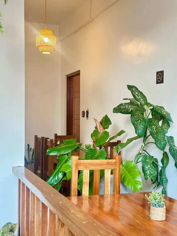 Une rambarde en bois délimite un espace avec des tables et des plantes vertes.