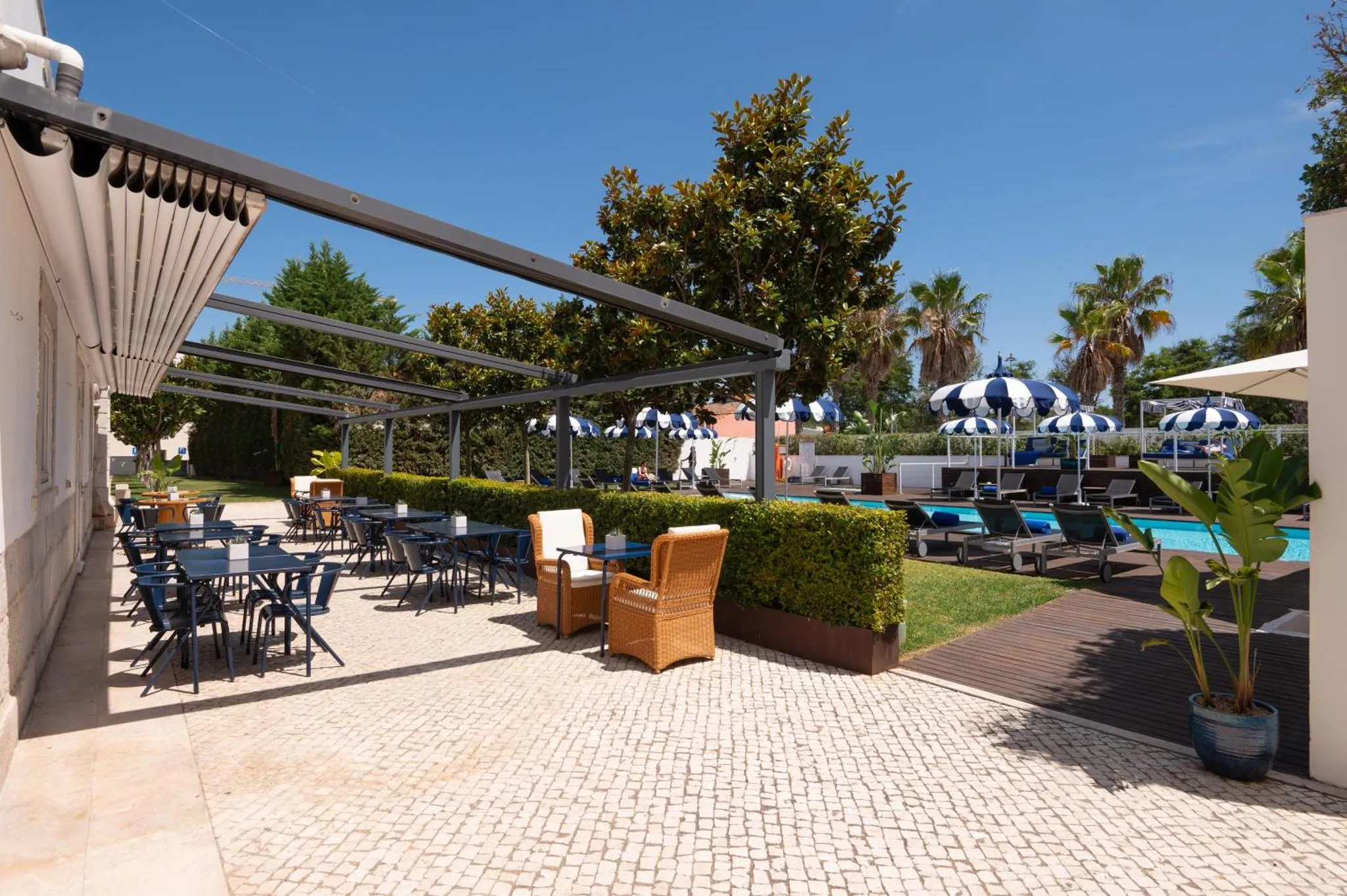 Terrasse ombragée avec tables et chaises donnant sur une piscine et des transats.