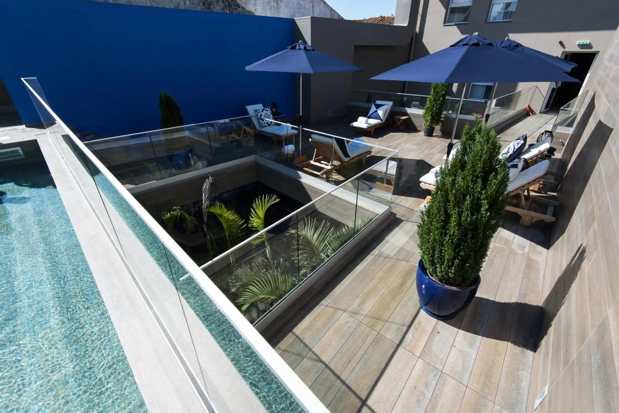 Terrasse aménagée avec piscine et végétation luxuriante.