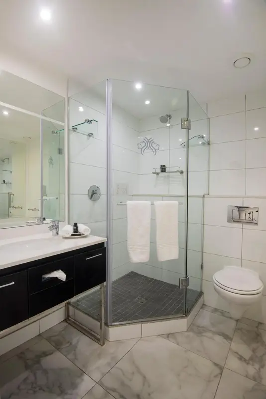 Une salle de bain moderne avec douche à l'italienne et lavabo.
