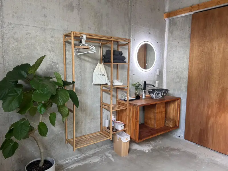 Une salle de bain moderne avec une plante verte et un meuble en bois.