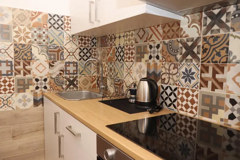 Une kitchenette avec un évier, une plaque de cuisson et une bouilloire.
