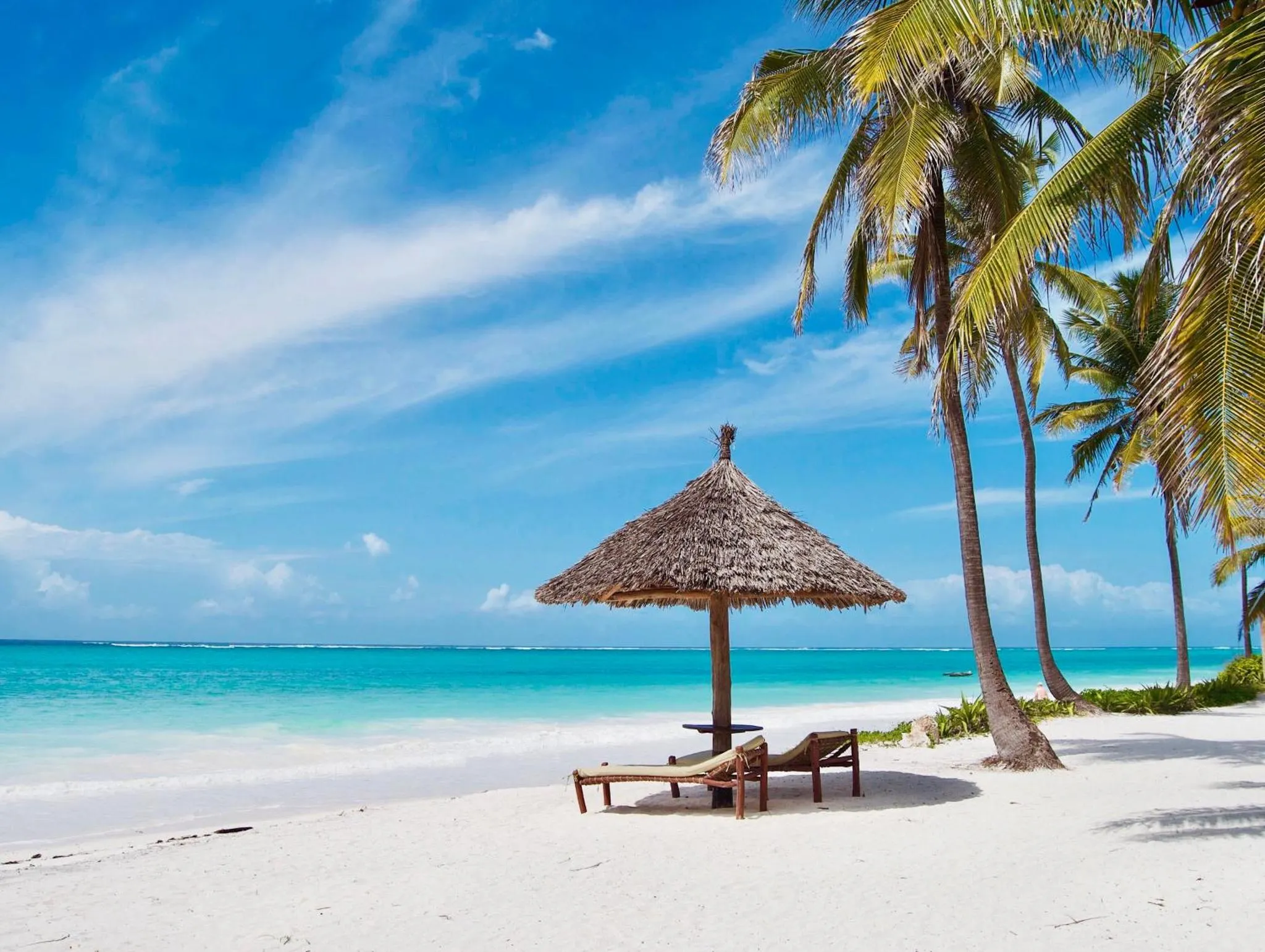 Deux transats invitent à la détente sur une plage de sable blanc bordée de palmiers.