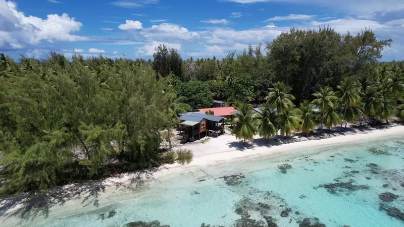 Vue aérienne d'une plage bordée de végétation luxuriante et de bâtiments.