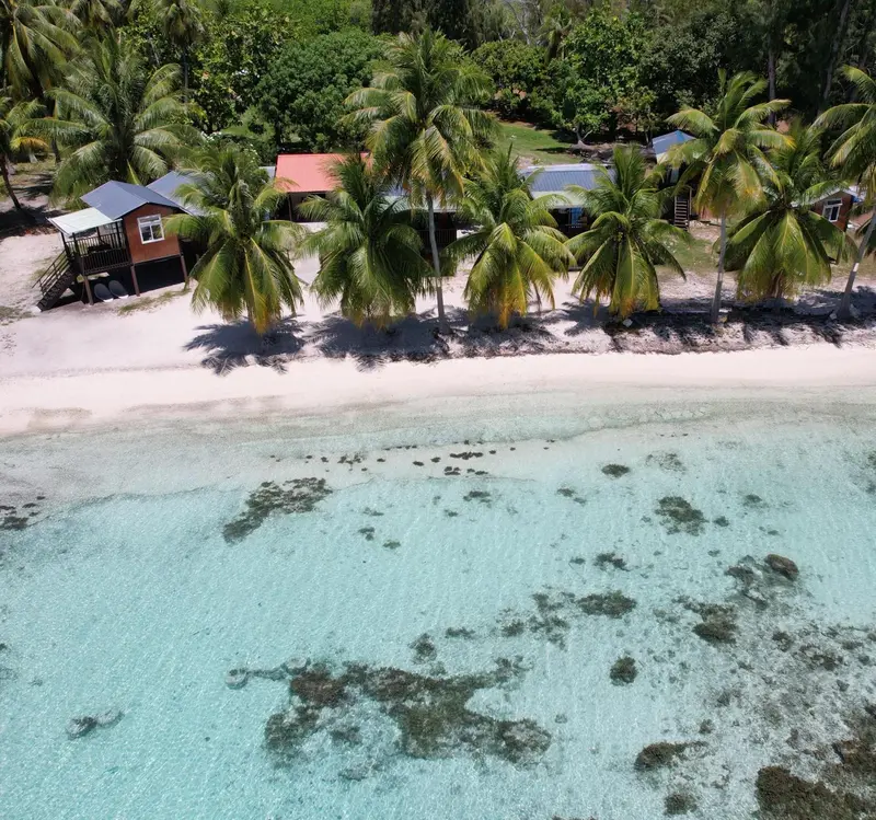 Vue aérienne d'une plage de sable blanc bordée de cocotiers et de bungalows.